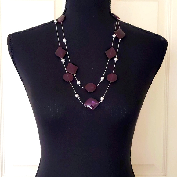 NWOT. Two Strands of Circle/Diamond Shape Purple w/Silver Beads Design Necklace. - Picture 3 of 3